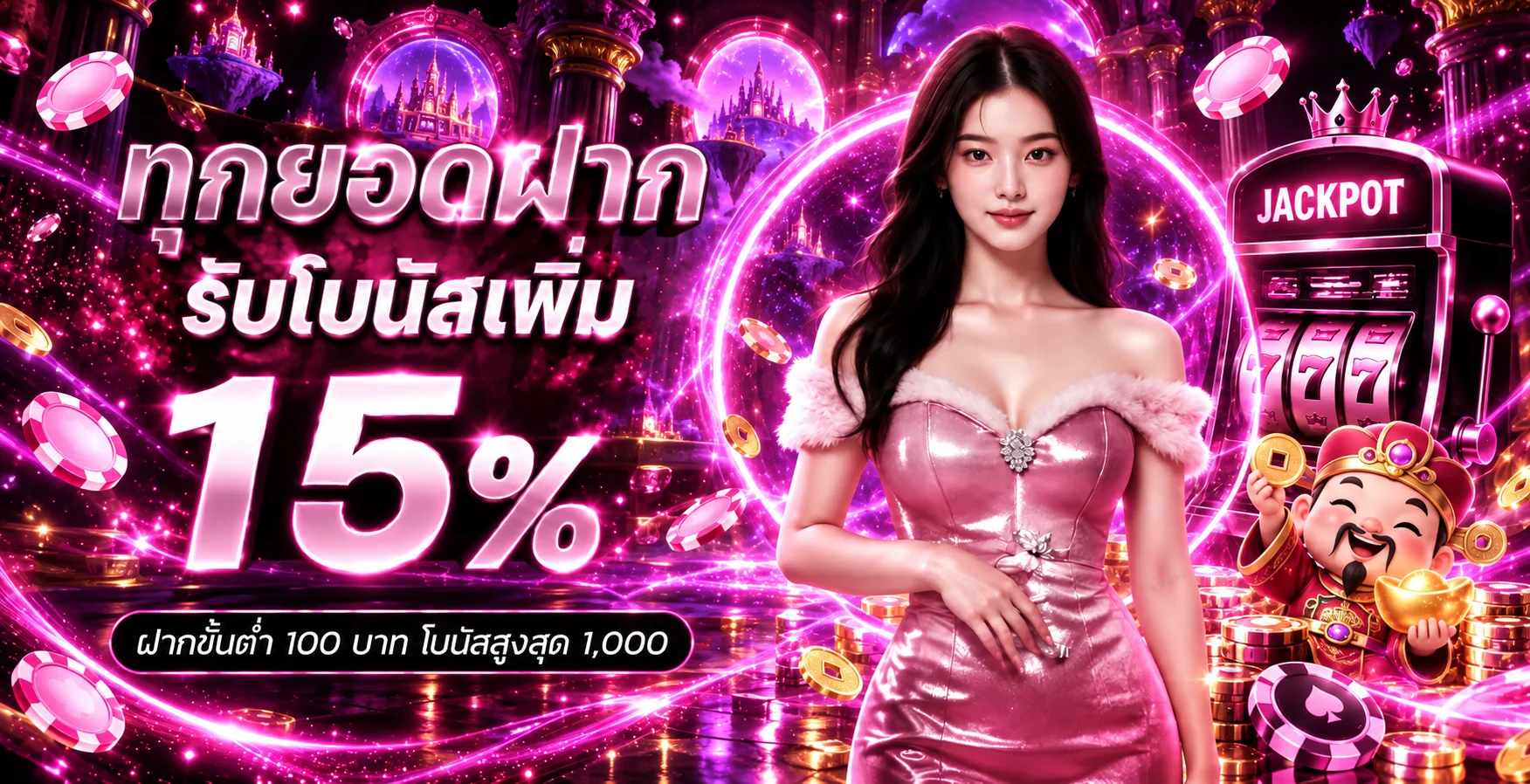 แบนเนอร์ dpromgame สล็อต พร้อมเครื่องสล็อตและตัวละครเกม